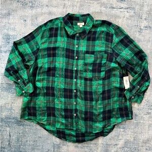 Style & Co Plus Size Boyfriend Sparkle Emerald Green Plaid Button Down OX